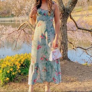 Reformation Sage Green Floral Midi Dress with Pink Blossoms